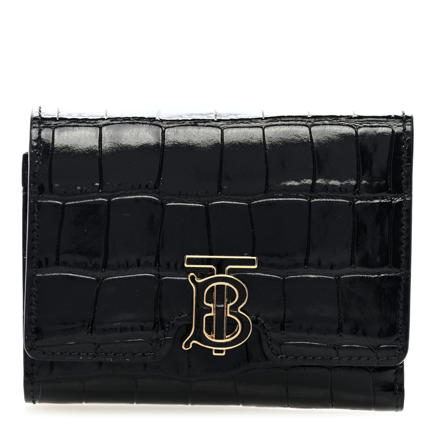 Calfskin Crocodile Embossed TB Compact Wallet Black