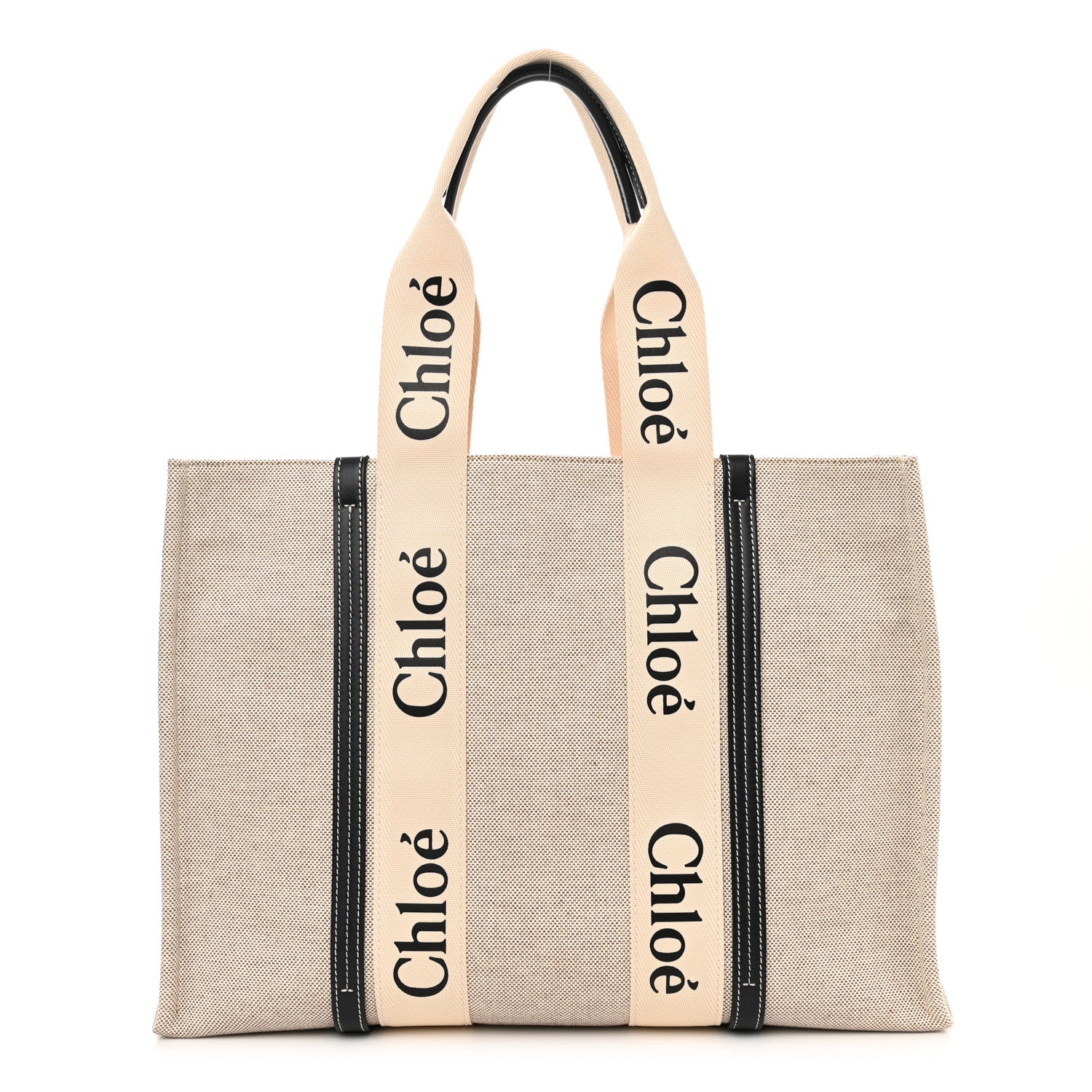 Chloe Cotton Calfskin Large Woody Ribbon Tote White Black 1 of 10