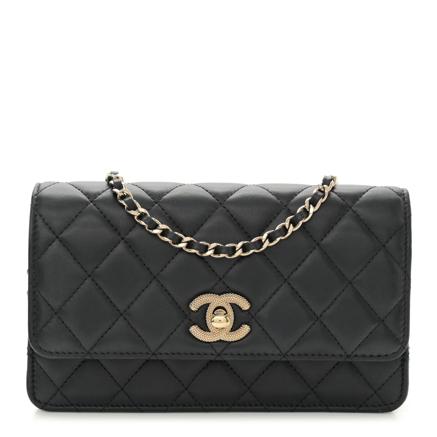 Chanel Lambskin Quilted Strass Studded CC Wallet on Chain WOC Black 1 of 12