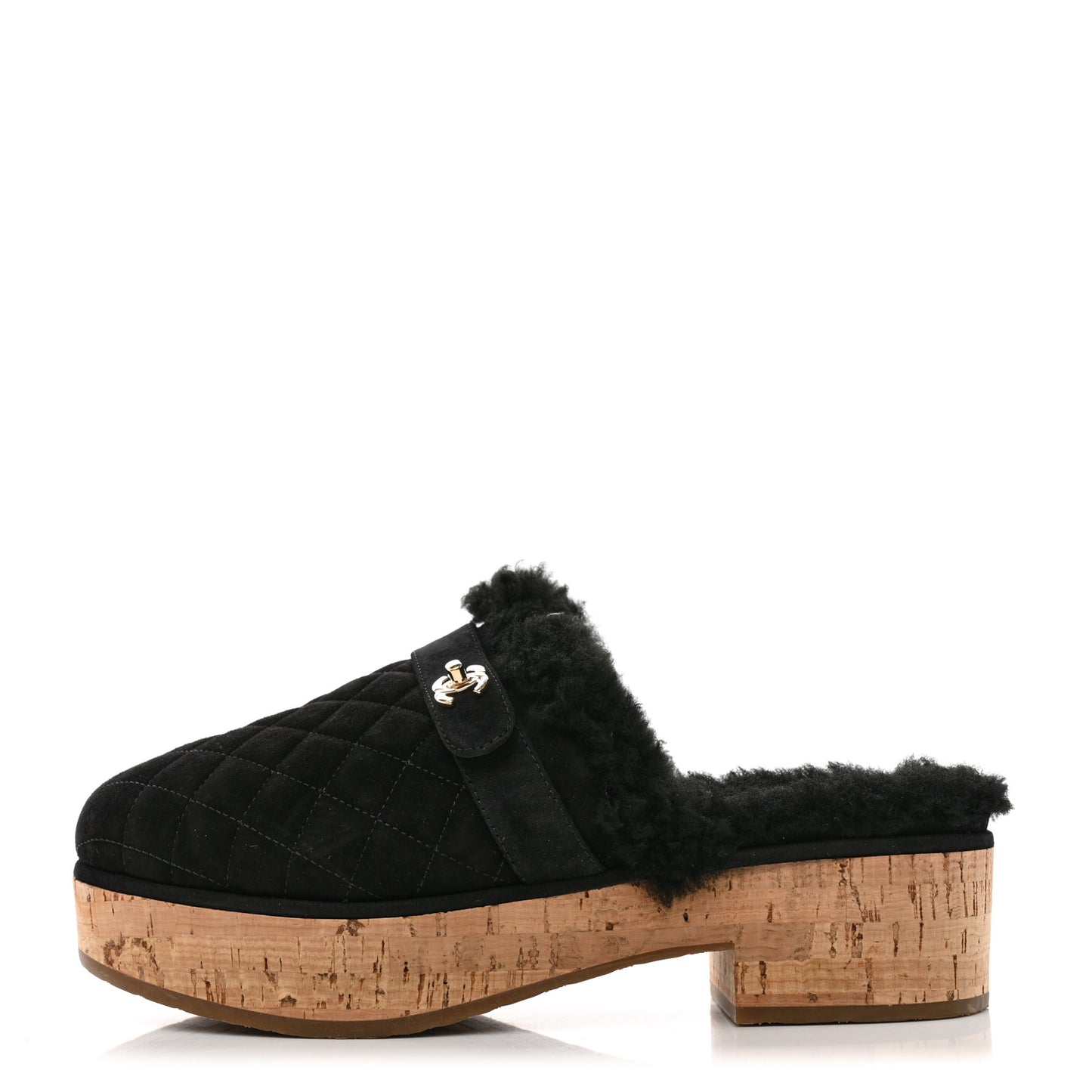 Suede Calfskin Shearling Turn Lock Clogs 40 Black