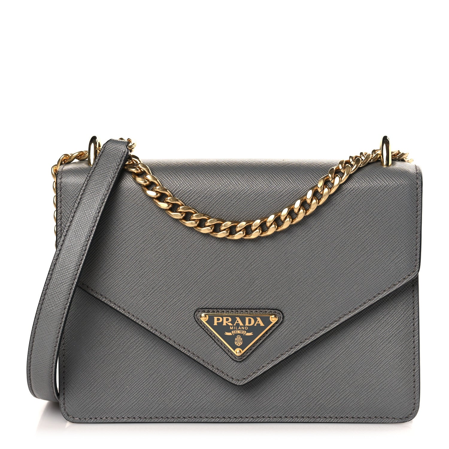 Prada Saffiano Soft Calfskin Metal Triangle Logo Envelope Chain Shoulder Bag Marmo 1 of 9