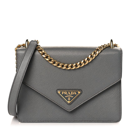 Prada Saffiano Soft Calfskin Metal Triangle Logo Envelope Chain Shoulder Bag Marmo 1 of 9