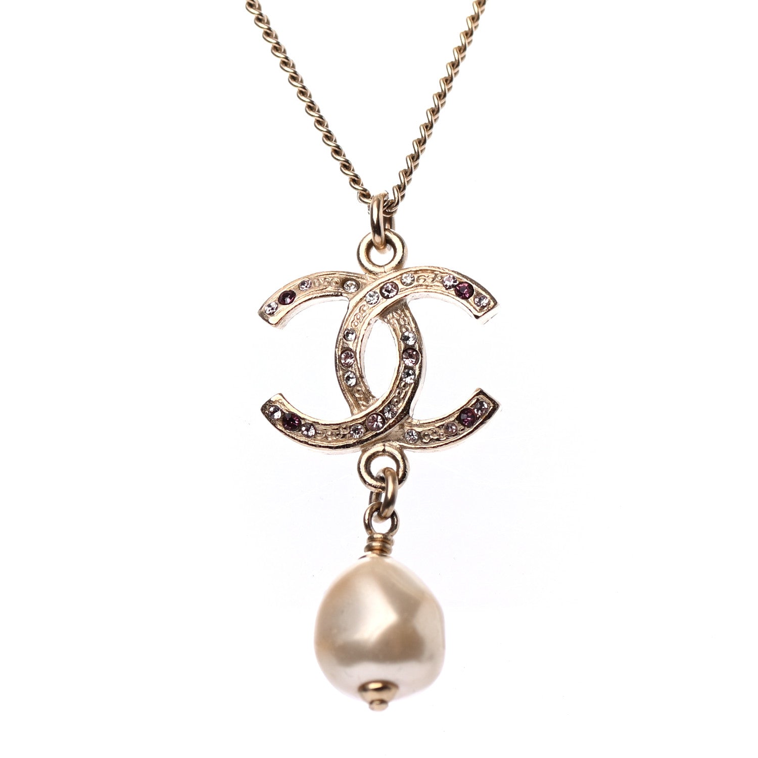 Chanel Crystal CC Pearl Drop Necklace Gold 4 of 5