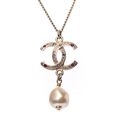 Chanel Crystal CC Pearl Drop Necklace Gold 4 of 5