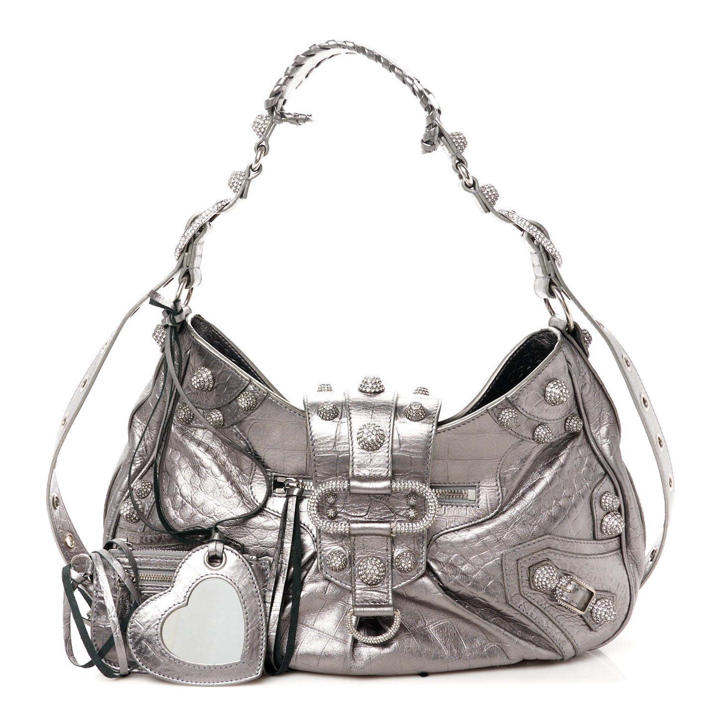 Metallic Agneau Arena Crystal Medium Le Cagole Shoulder Bag Silver