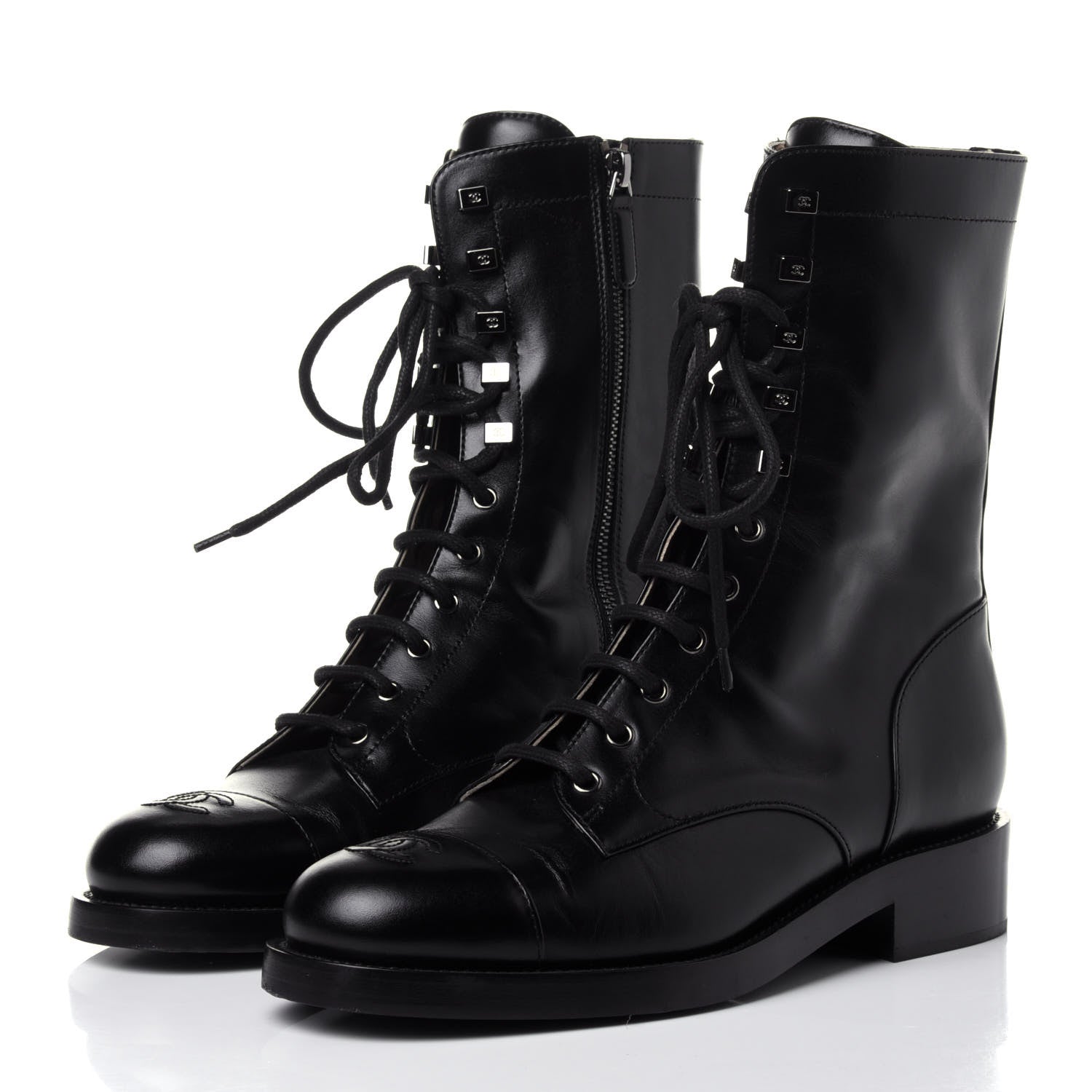 Chanel Calfskin Lace Up Combat Boots 41.5 Black 3 of 11