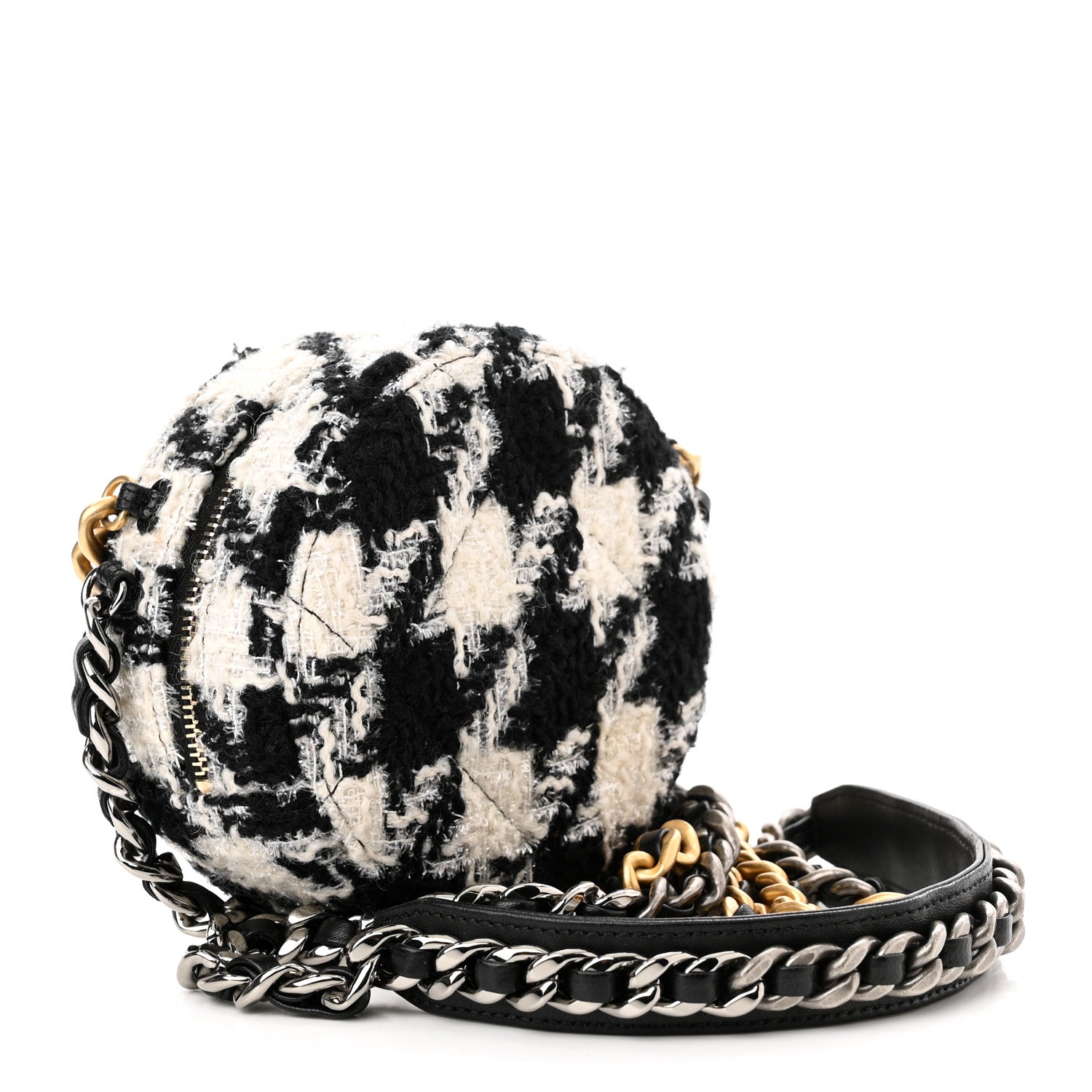 Chanel Wool Tweed Lambskin Quilted Chanel 19 Round Clutch With Chain and Coin Purse Black White 3 of 10