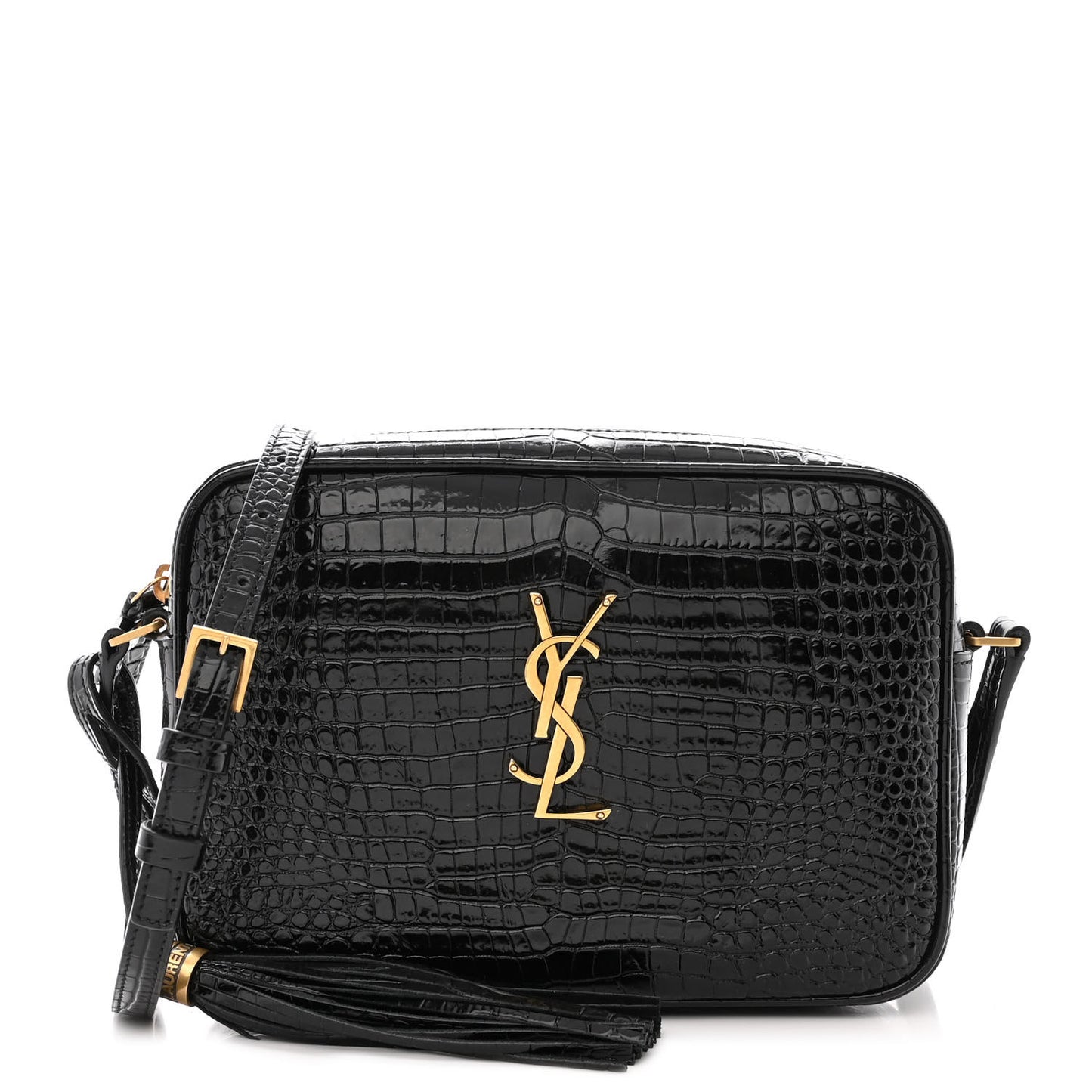 Patent Calfskin Crocodile Embossed Monogram Lou Camera Bag Black
