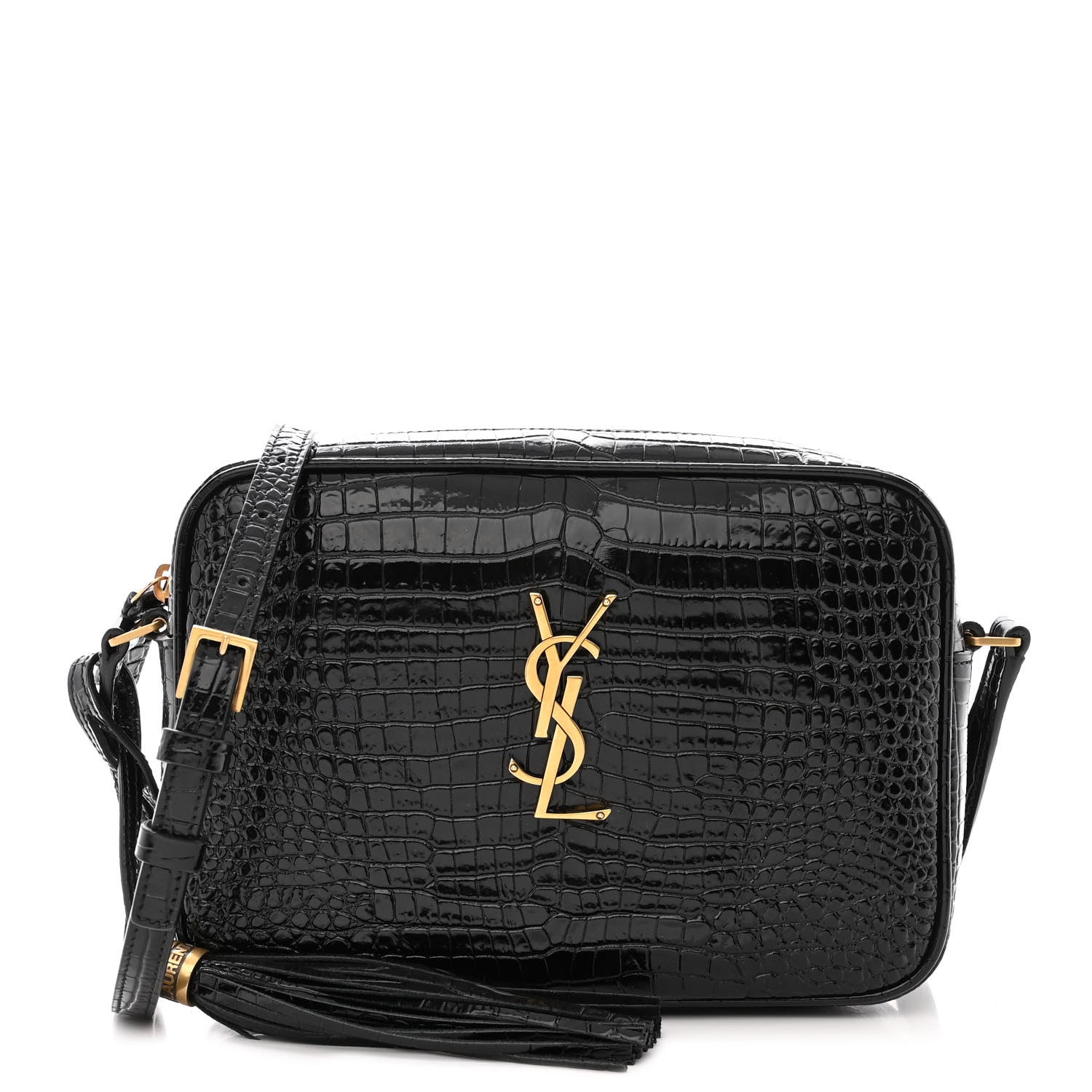Saint Laurent Patent Calfskin Crocodile Embossed Monogram Lou Camera Bag Black 1 of 12