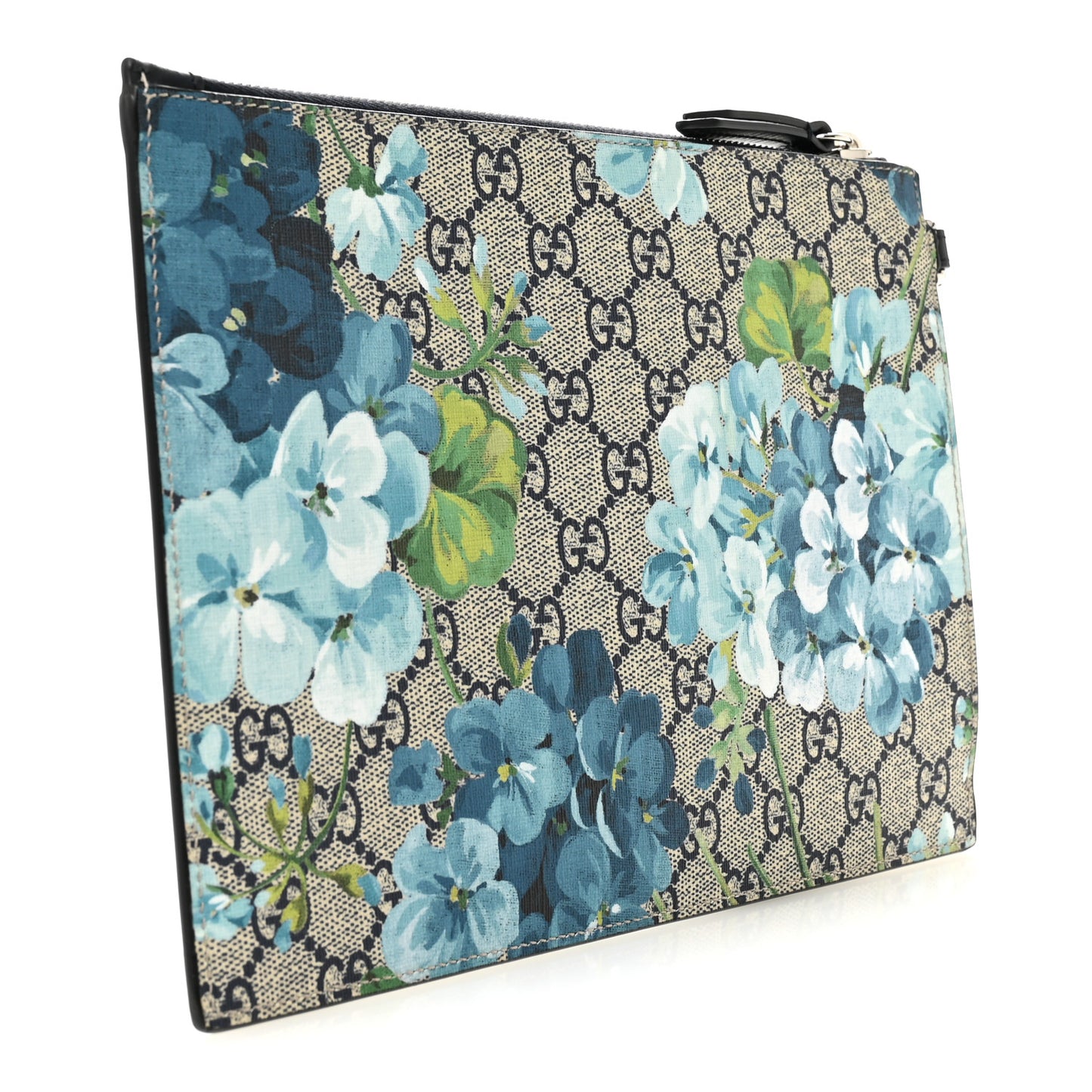 GG Supreme Monogram Blooms Small Zip Wristlet Pouch Beige Blue Black