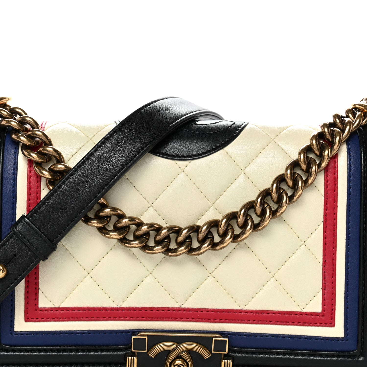 Chanel Lambskin Quilted Crest Embellished Medium Boy Flap Black White Blue 8 of 14