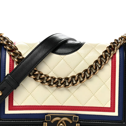 Chanel Lambskin Quilted Crest Embellished Medium Boy Flap Black White Blue 8 of 14