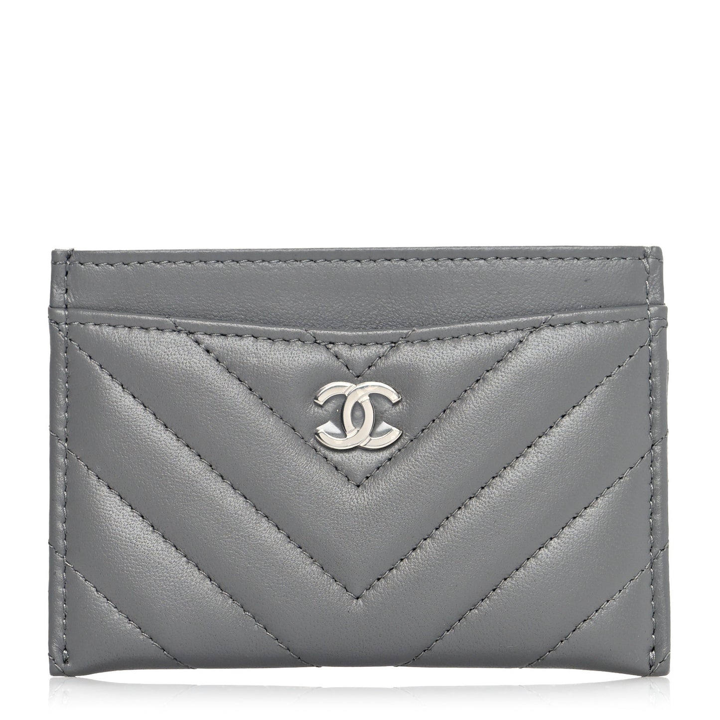 Lambskin Chevron Quilted Card Holder Grey