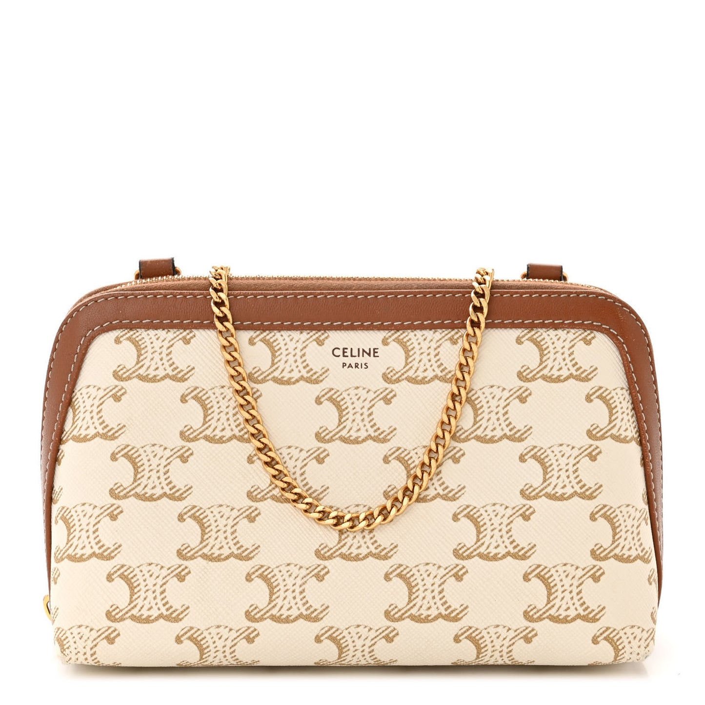 Lambskin Triomphe Canvas Clutch With Chain White Tan