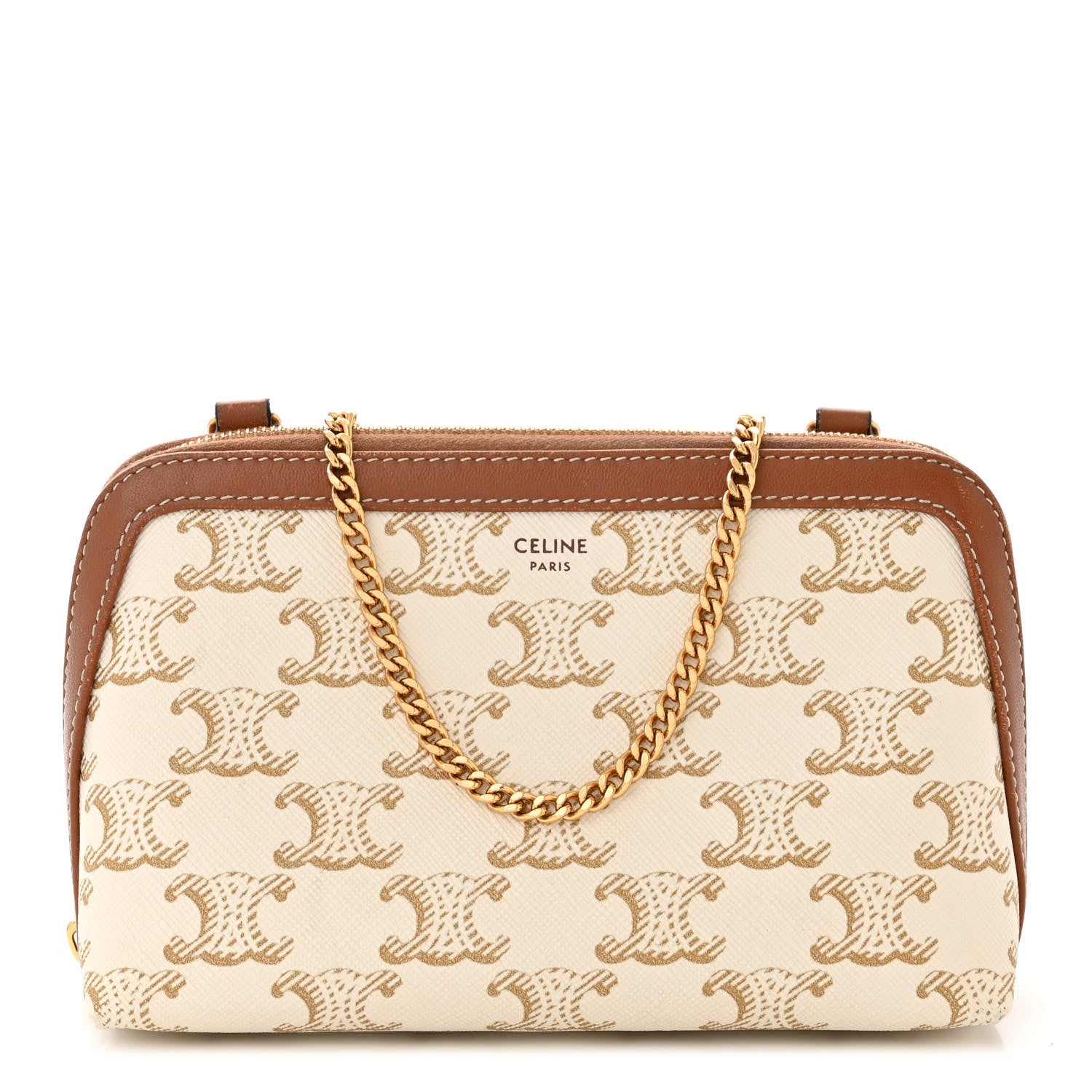 Celine Lambskin Triomphe Canvas Clutch With Chain White Tan 1 of 11
