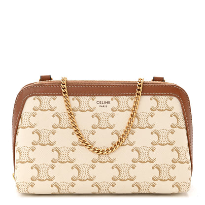 Celine Lambskin Triomphe Canvas Clutch With Chain White Tan 1 of 11