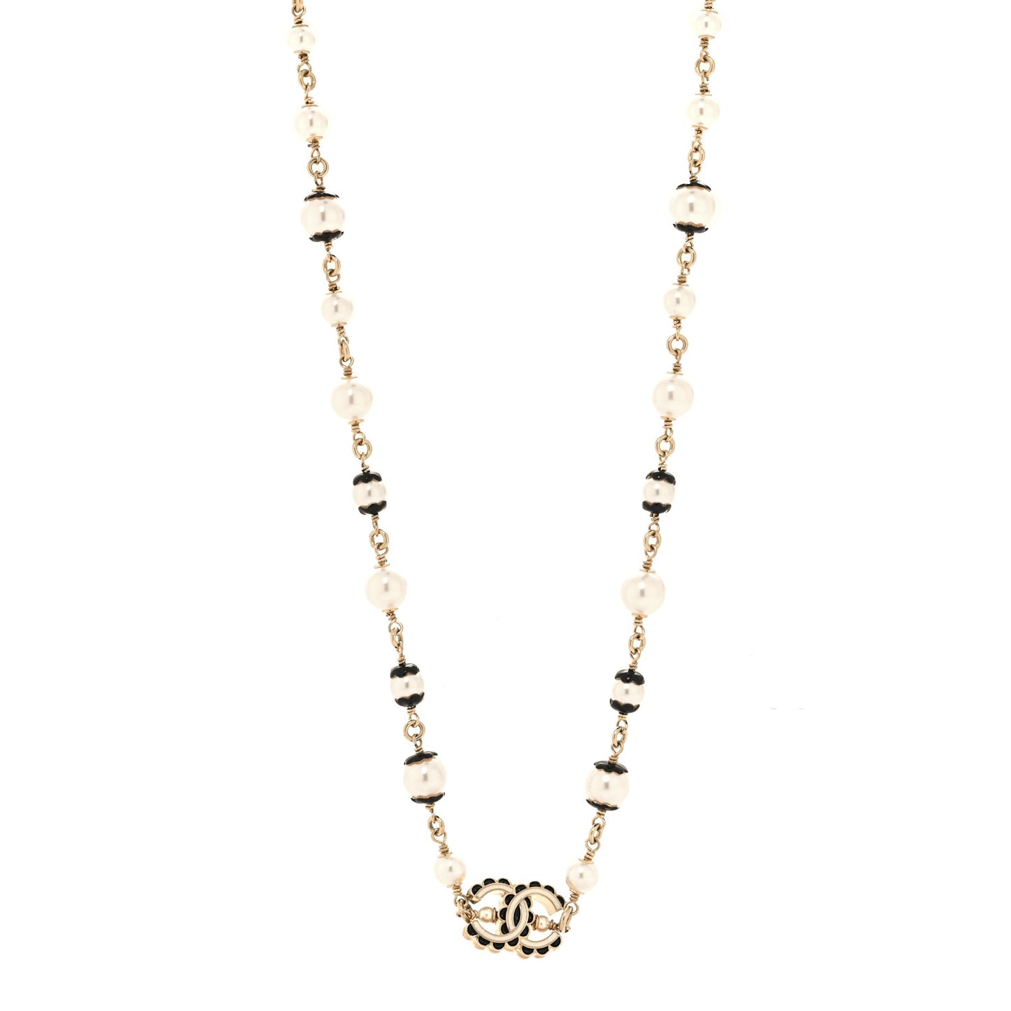 Metal Enamel Pearl CC Necklace Gold Black White