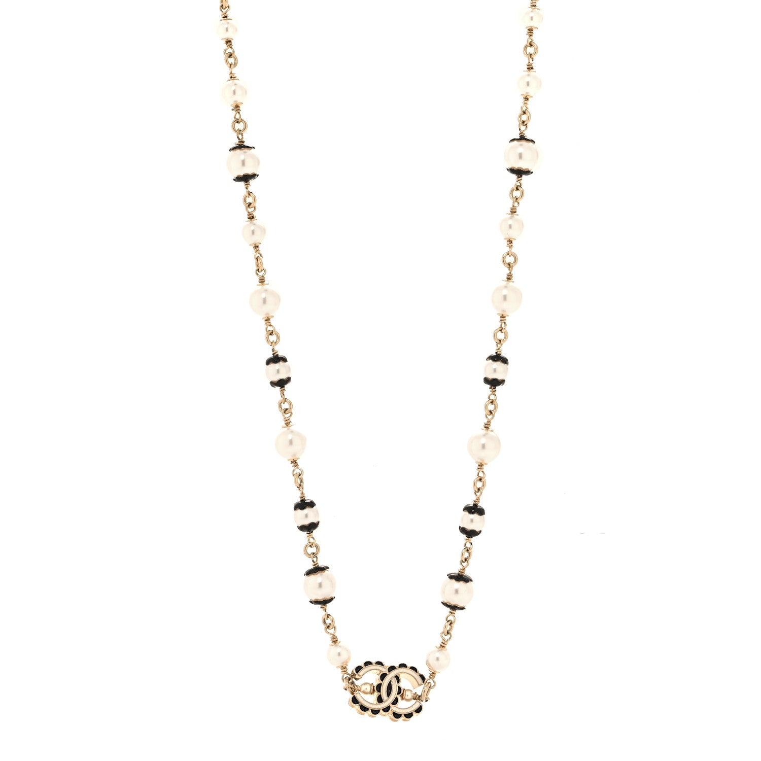 Chanel Metal Enamel Pearl CC Necklace Gold Black White 1 of 4