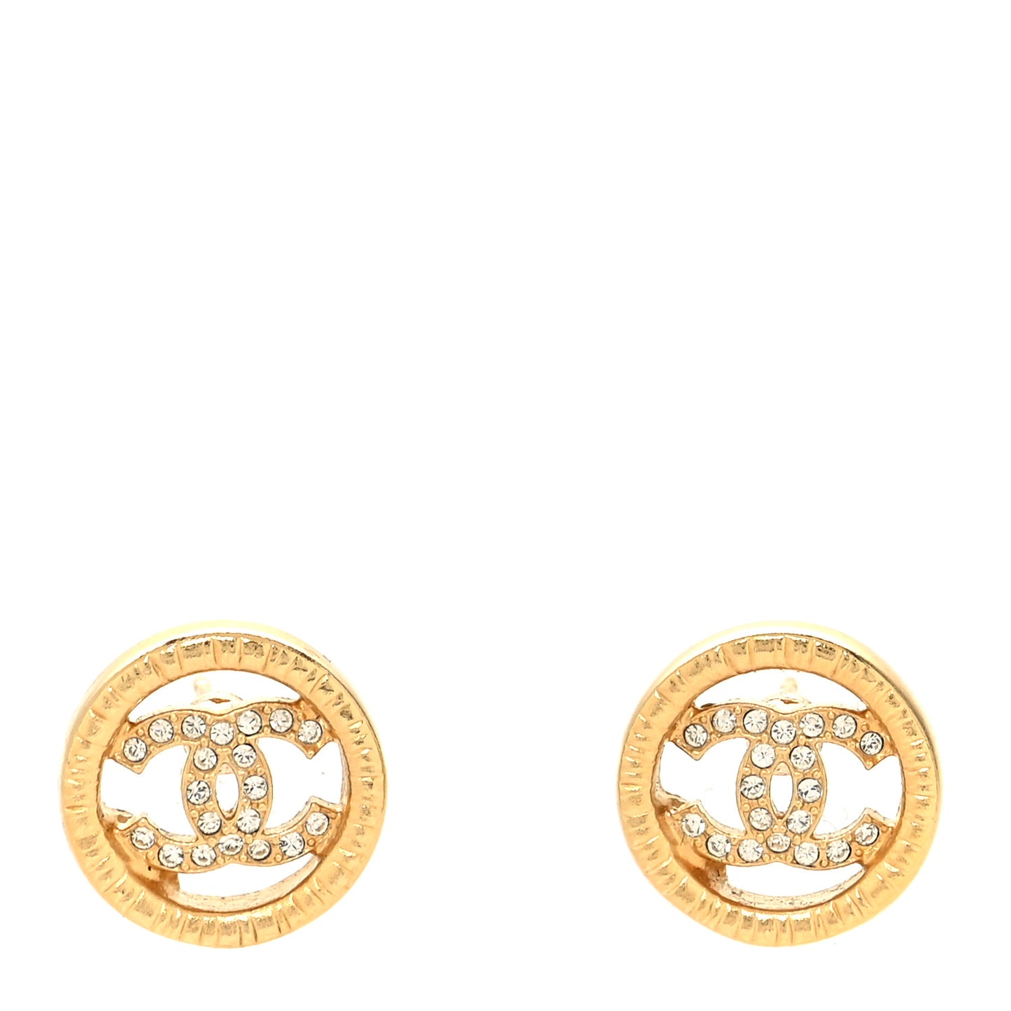 Metal Crystal Textured CC Round Earrings Gold