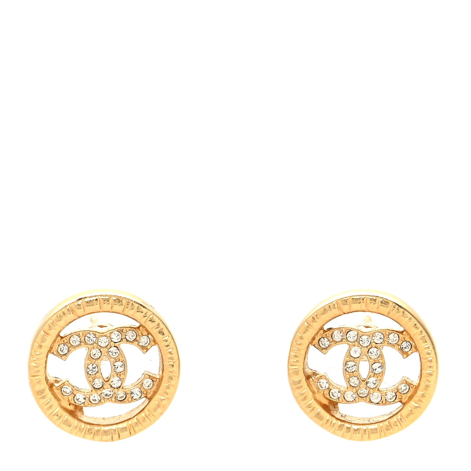 Chanel Metal Crystal Textured CC Round Earrings Gold 1 of 4