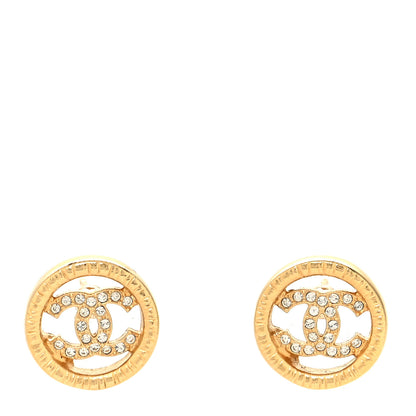 Chanel Metal Crystal Textured CC Round Earrings Gold 1 of 4