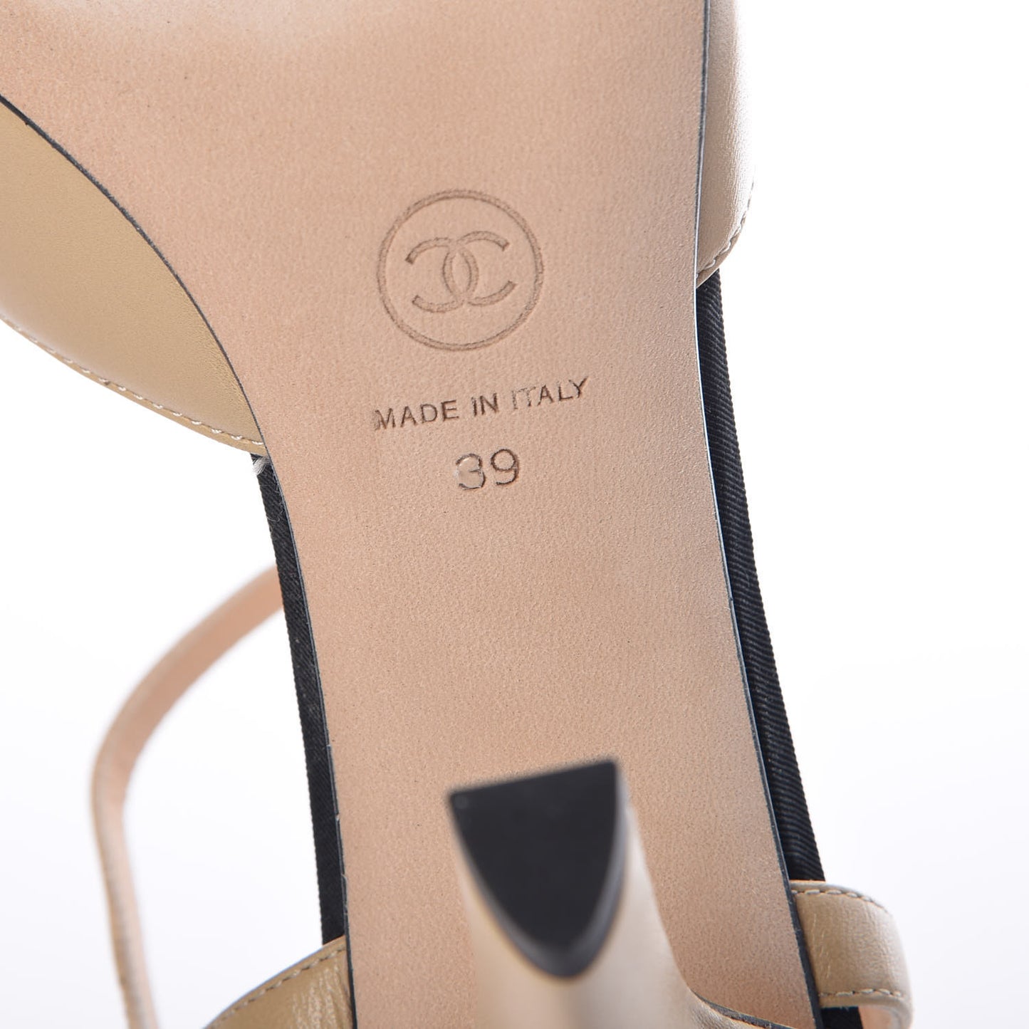 Lambskin Grosgrain Cap Toe Pearl CC Open Pumps 39 Light Beige