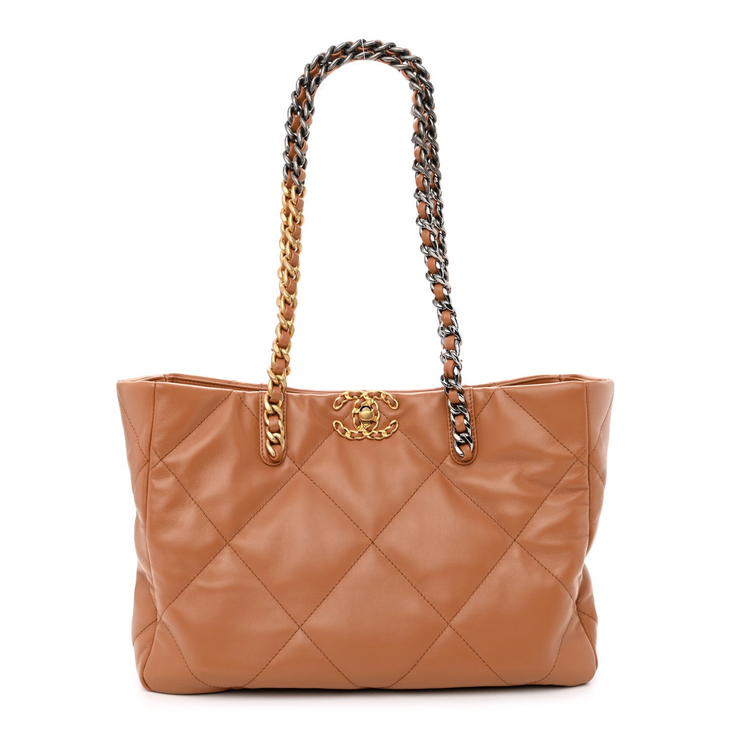 Lambskin Quilted Chanel 19 East West Shopping Bag Brown