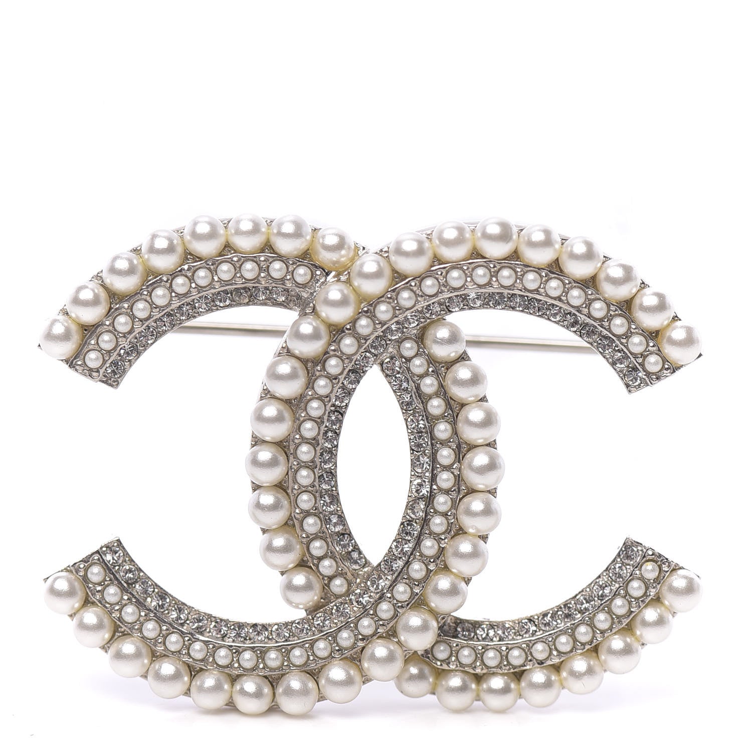Chanel Pearl Crystal CC Brooch Silver 1 of 4
