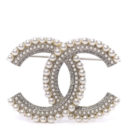 Chanel Pearl Crystal CC Brooch Silver 1 of 4