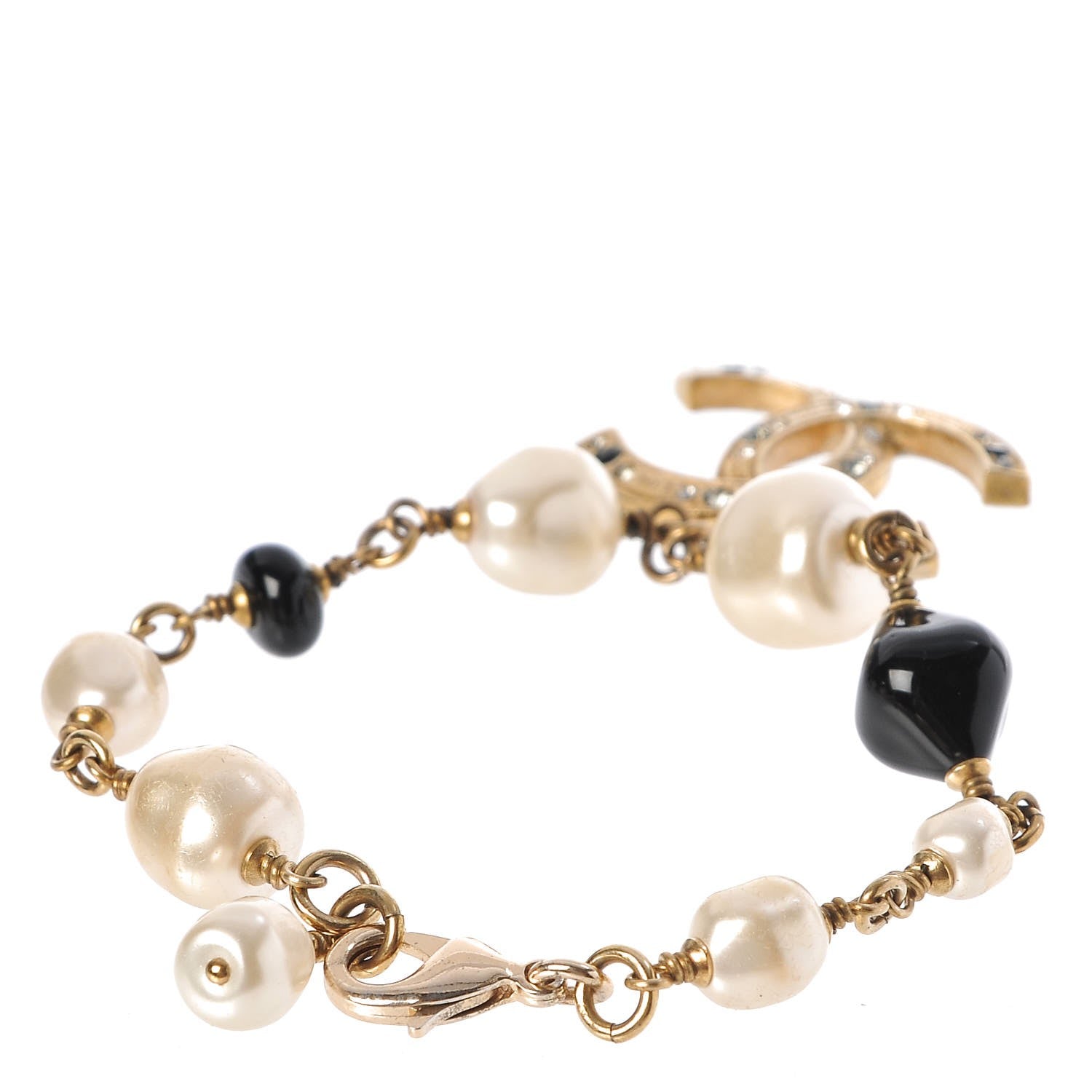 Chanel Pearl Crystal Beaded CC Bracelet Black Gold 3 of 4