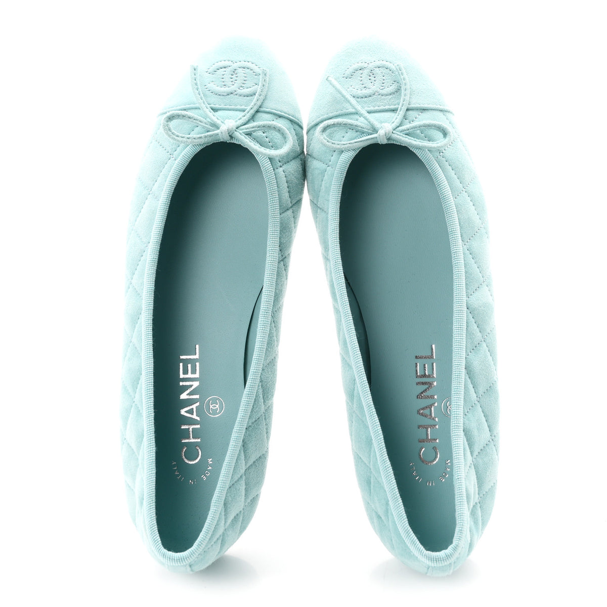 Suede Calfskin Quilted Cap Toe CC Ballerina Flats 38 Light Blue