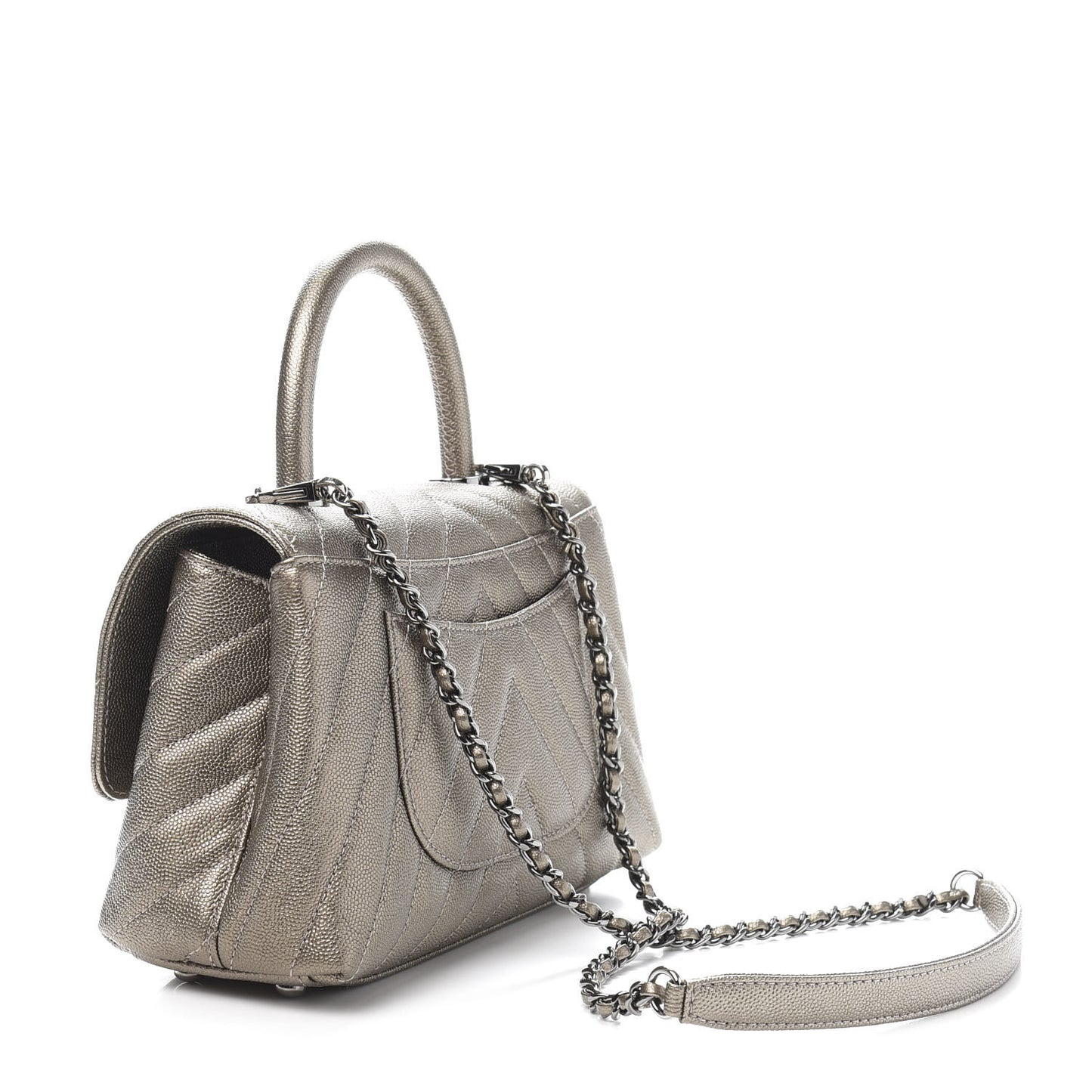 Metallic Caviar Chevron Quilted Mini Coco Handle Flap Light Gold