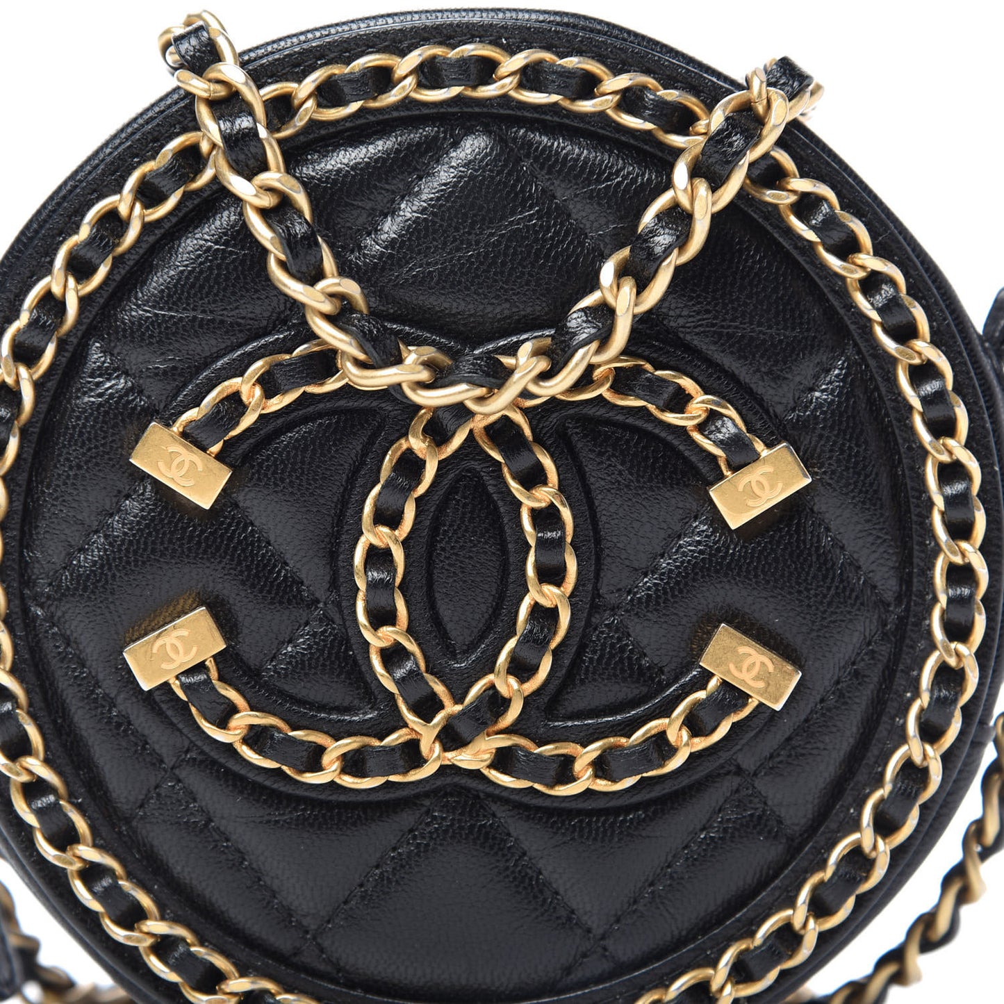 Lambskin Quilted Round Filigree Chain Around Crossbody Black