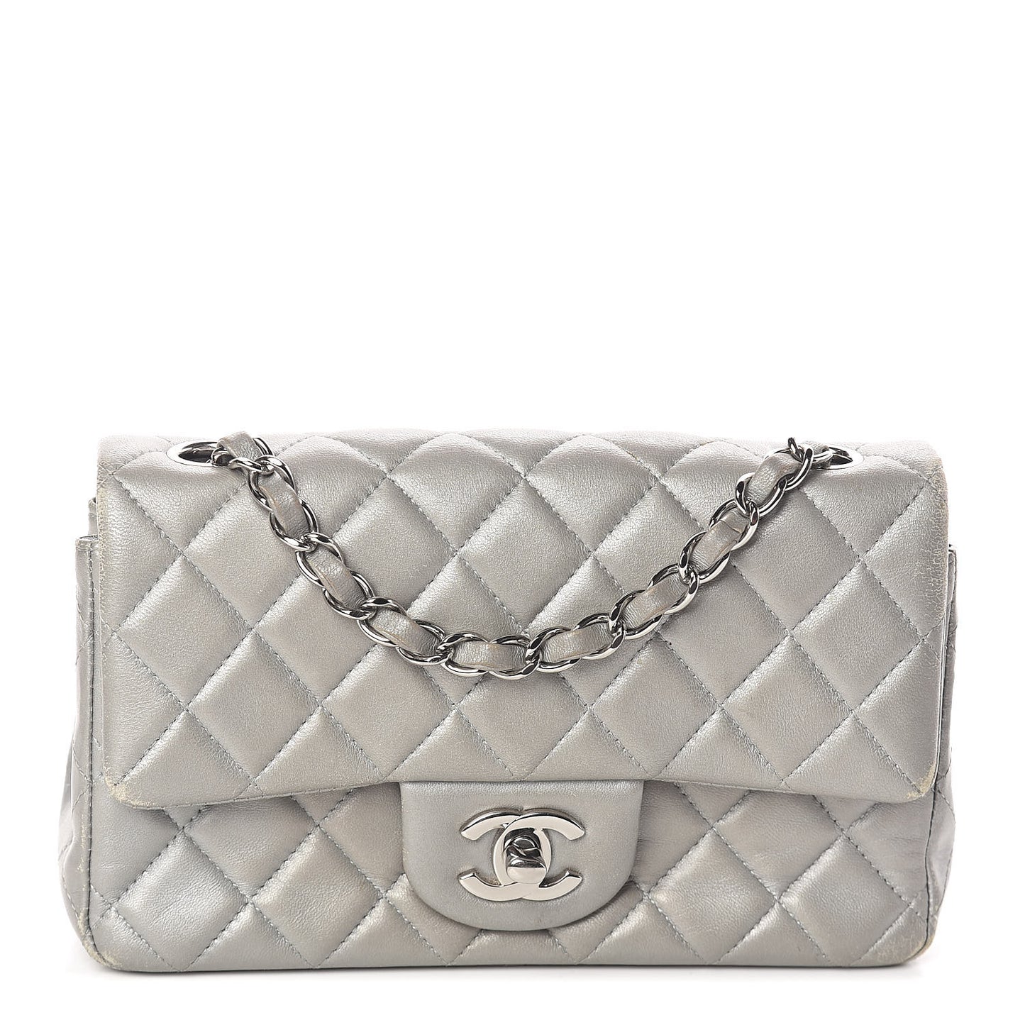 Metallic Lambskin Quilted Mini Rectangular Flap Silver