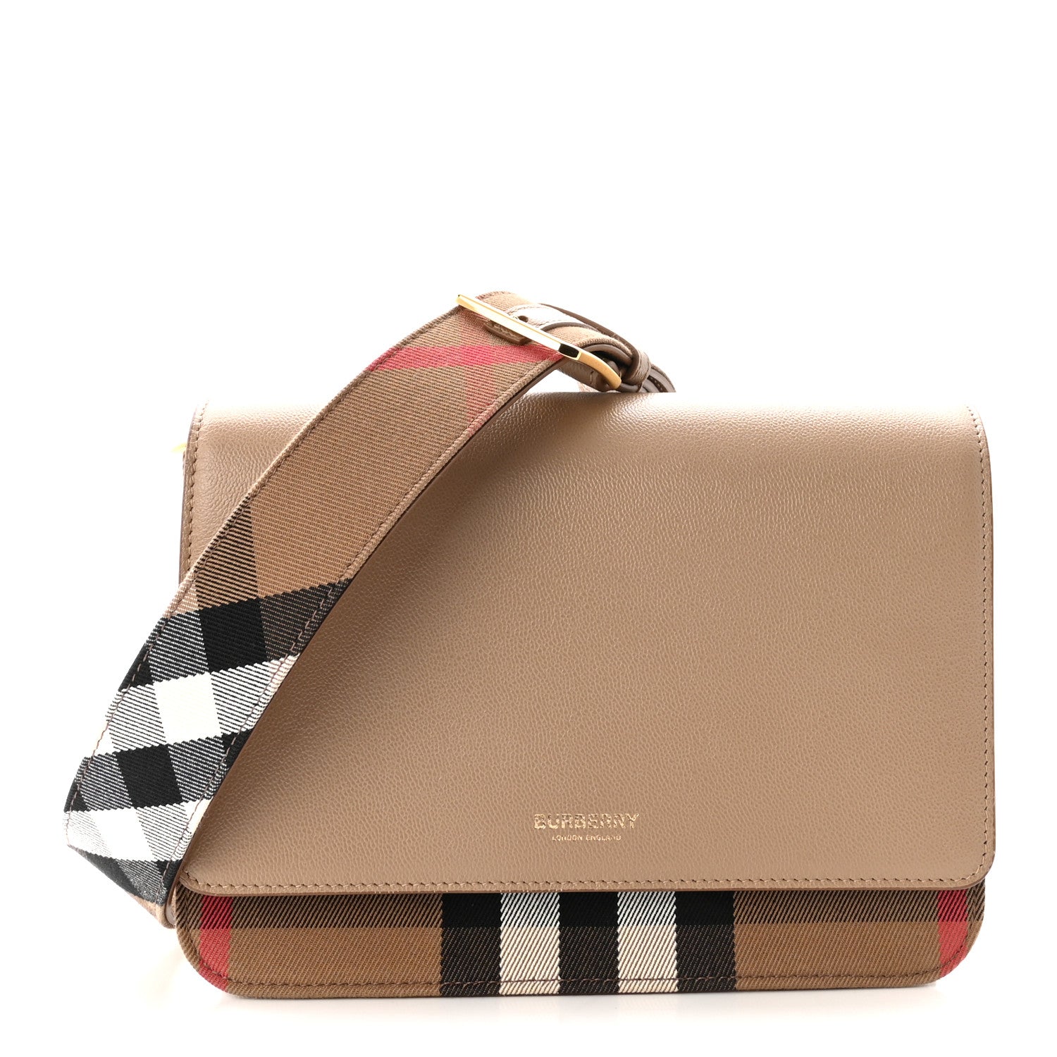 Burberry Derby Calfskin House Check Mackford Crossbody Bag Camel