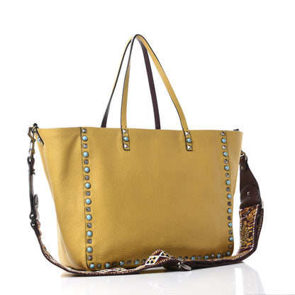 Valentino Garavani Stampa Alce Calfskin Medium Guitar Strap Rockstud Rolling Reversible Tote Wine Yellow 11 of 18
