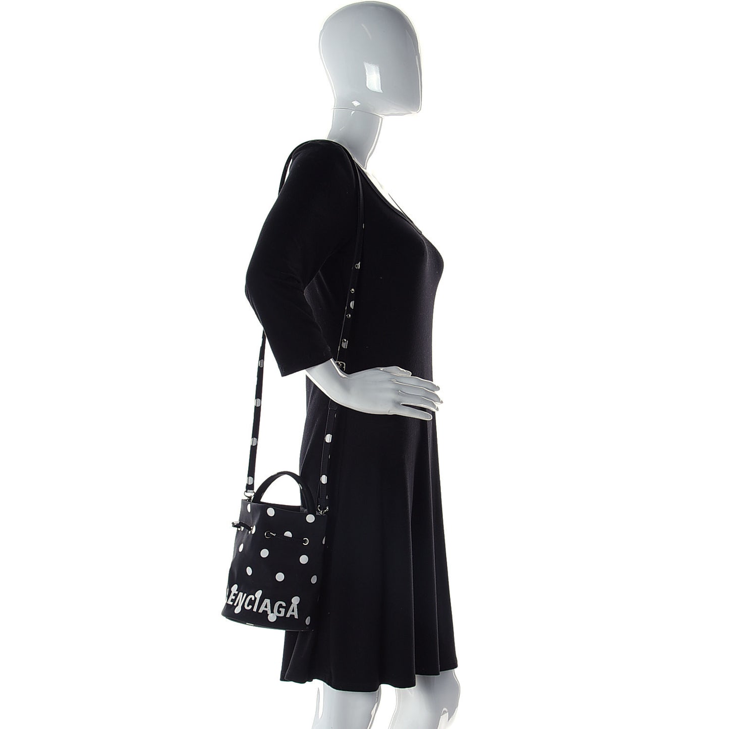 Recycled Sport Nylon Polka Dot Logo Embroidered Wheel Drawstring Bucket Bag XS Black White