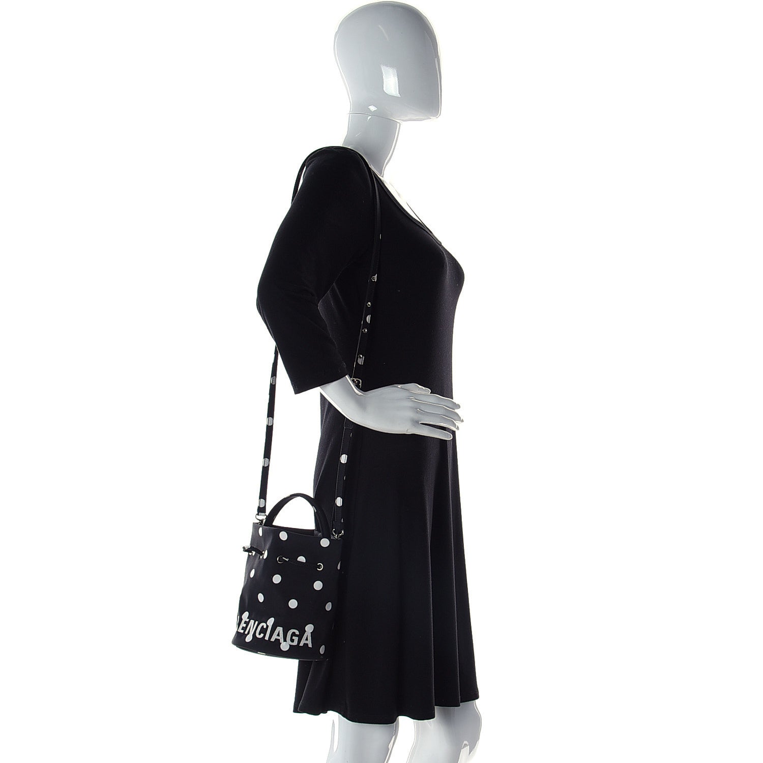 Balenciaga Recycled Sport Nylon Polka Dot Logo Embroidered Wheel Drawstring Bucket Bag XS Black White 2 of 9