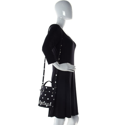 Balenciaga Recycled Sport Nylon Polka Dot Logo Embroidered Wheel Drawstring Bucket Bag XS Black White 2 of 9