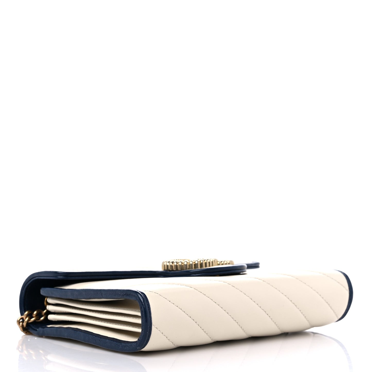 Vintage Effect Calfskin Matelasse Diagonal Torchon GG Marmont Chain Wallet Mystic White Blue Agata