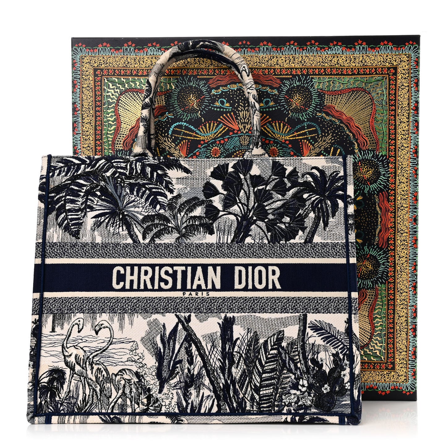 Canvas Embroidered Large Palm Tree Toile De Jouy Book Tote Blue