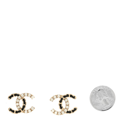 Chanel Pearl Lambskin Chain CC Stud Earrings Gold Black 2 of 4