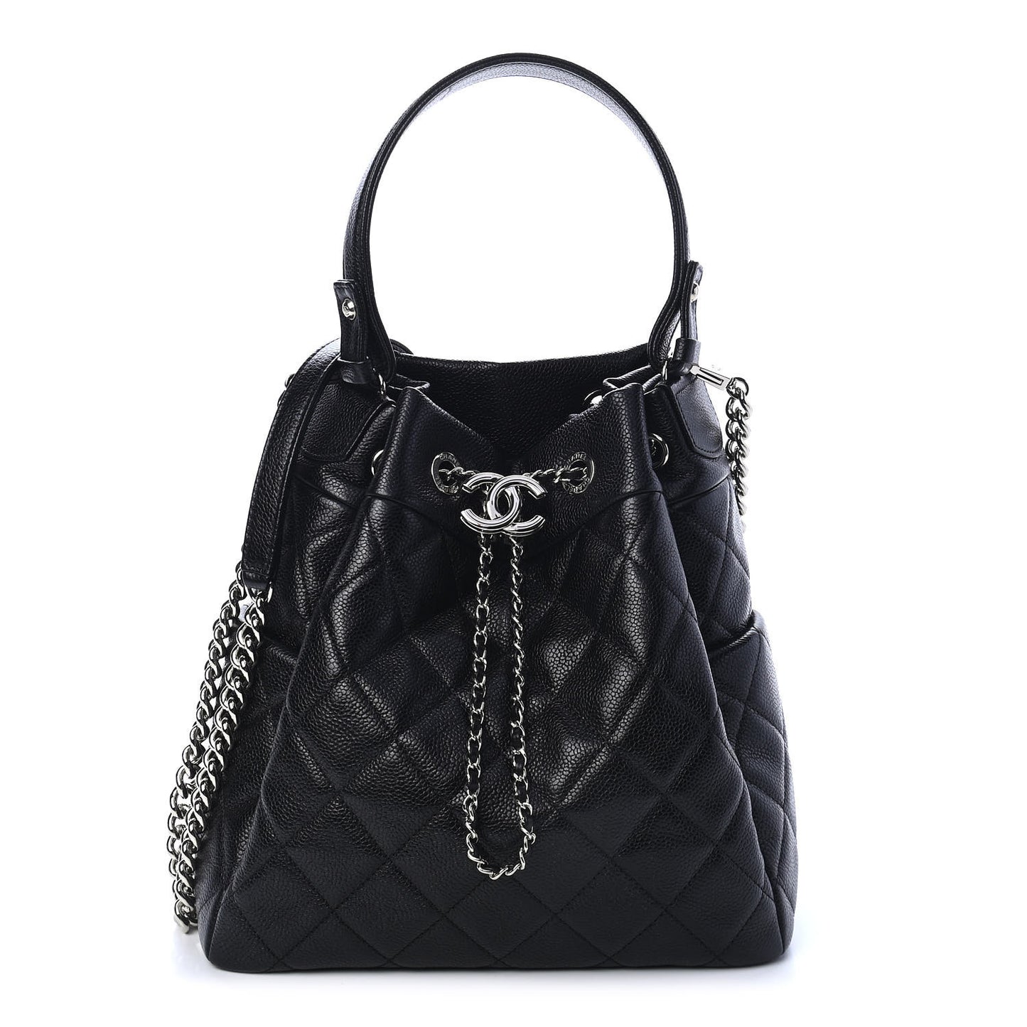Caviar Flat Quilted CC Chain Bucket Drawstring Bag Black