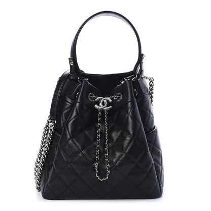 Chanel Caviar Flat Quilted CC Chain Bucket Drawstring Bag Black 1 of 9