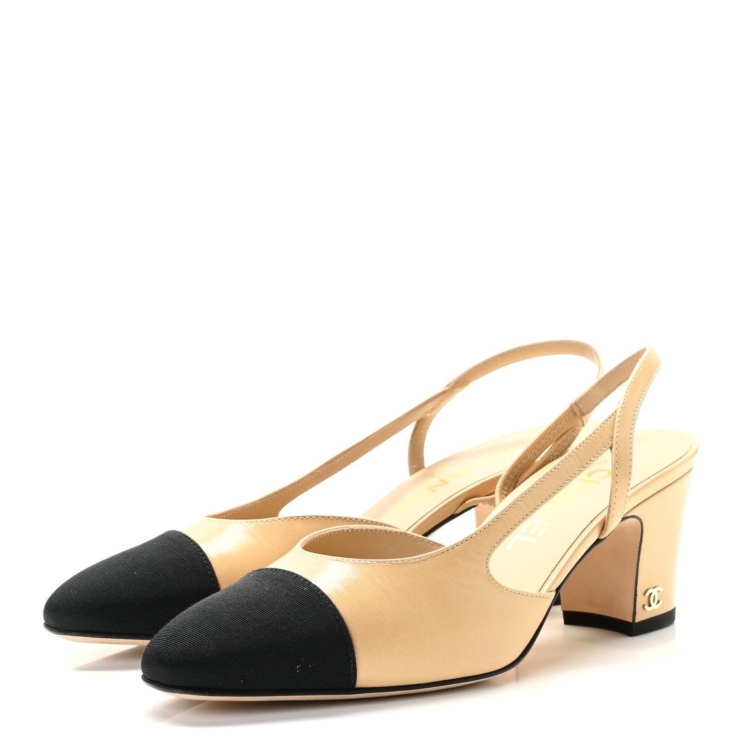 Chanel Goatskin Grosgrain Cap Toe CC Slingback Pumps 36 Beige Black 2 of 10