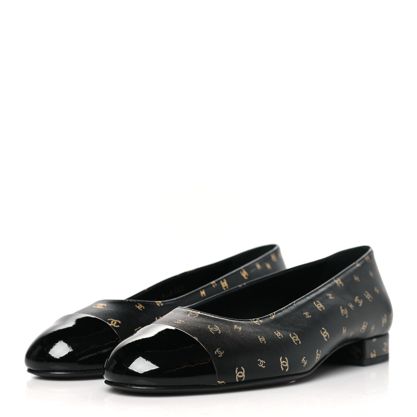Lambskin Patent Calfskin Printed CC Cap Toe Ballerina Flats 36.5 Black Gold