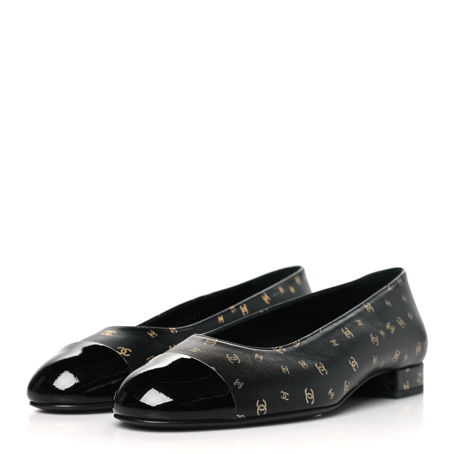 Chanel Lambskin Patent Calfskin Printed CC Cap Toe Ballerina Flats 36.5 Black Gold 3 of 9