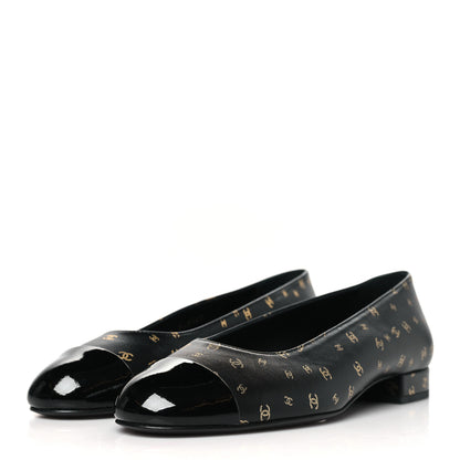 Chanel Lambskin Patent Calfskin Printed CC Cap Toe Ballerina Flats 36.5 Black Gold 3 of 9