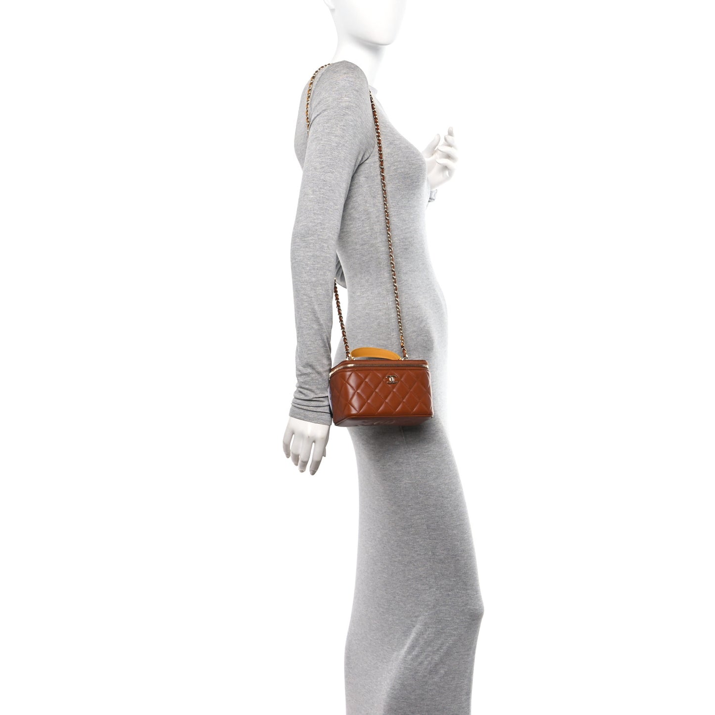 Lambskin Quilted Small Top Handle Vanity Case With Chain Brown Yellow