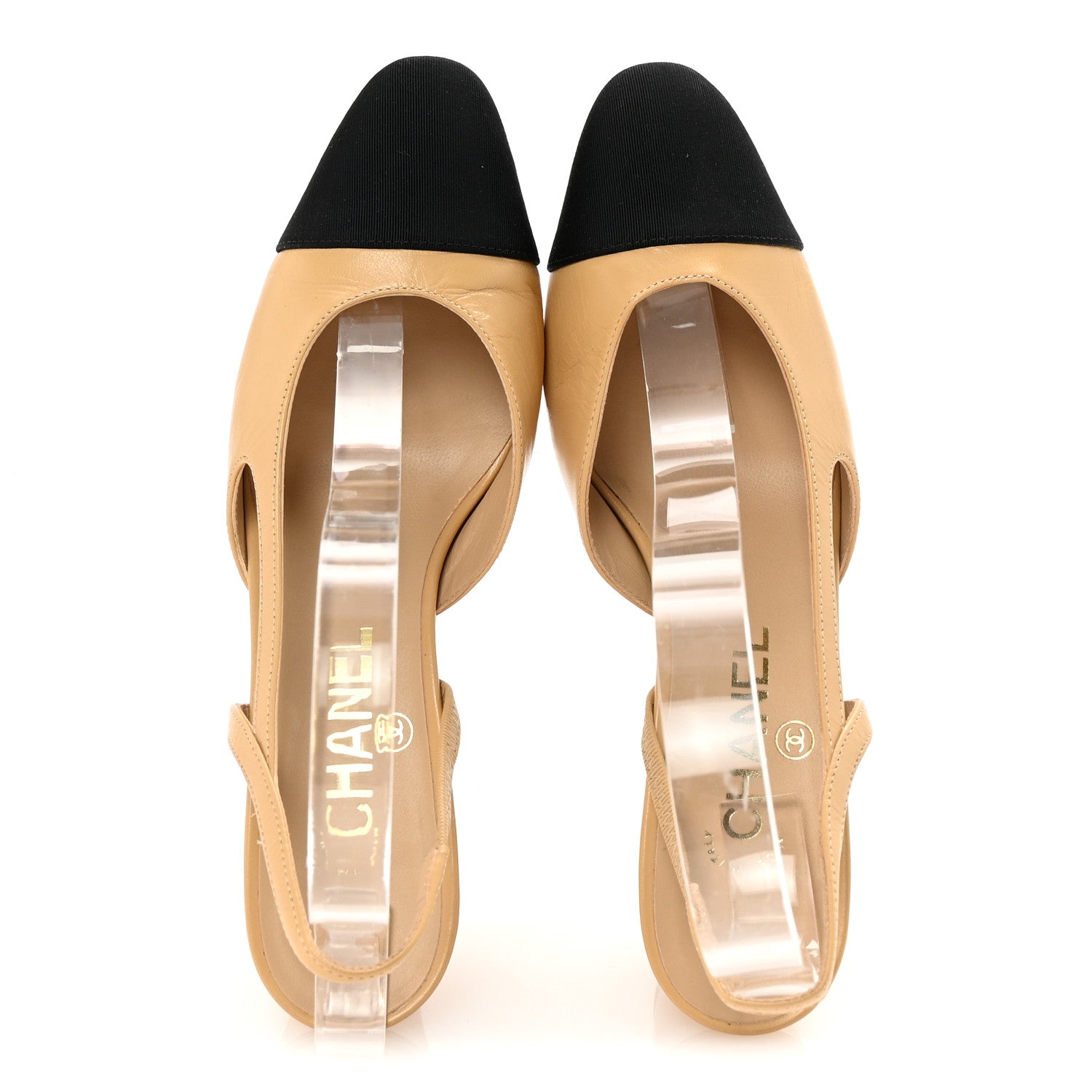 Chanel Goatskin Grosgrain Cap Toe CC Slingback Pumps 37 Beige Black 2 of 9